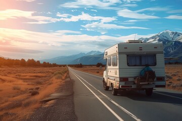 An RV travels down a highway leading to the mountains, highlighting the concept of road trips and adventure