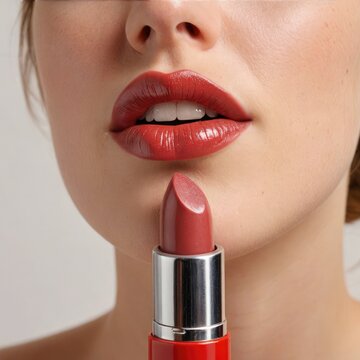 woman applying lipstick red lipstick on black background