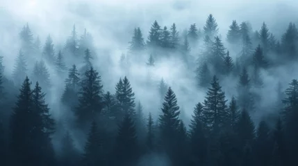 Cercles muraux Vert bleu A pine forest enveloped in an ethereal fog in blue undertone