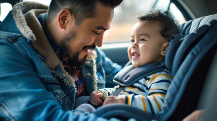 smiling father looking at his baby who is securely strapped into a car safety seat, depicting a moment of bonding and responsible parenting. - obrazy, fototapety, plakaty