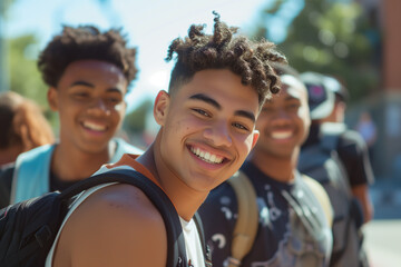 group of black brown happy teenagers smiling in summer talking friends tank tops backpacks boys sunlight outdoors bright bond friendship enjoying cheerful upbeat youth joy joyful students friendship
