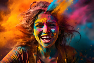 A young woman is surrounded by explosions of colors at the Holi festival