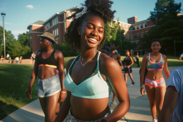 black young woman college students queer smiling in summer on university campus friends bras sunlight sunbath outdoors bright cheerful upbeat youth joy joyful radiant bun sunny american hat - obrazy, fototapety, plakaty