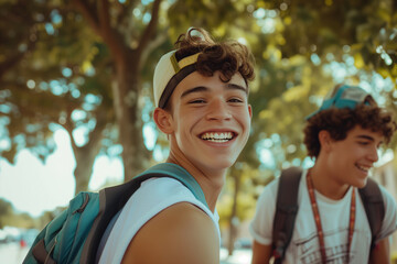 two cheerful young men teenagers laughing standing happy having fun in summer cap friends tank tops backpacks boys sunlight trees handsome outdoors friendship youth joyful students spontaneous