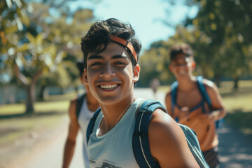 group of smiling young men brown indian hispanic walking on a road happy having fun in summer friends tank tops headband guys sunlight trees outdoors friendship youth joyful students spontaneous park