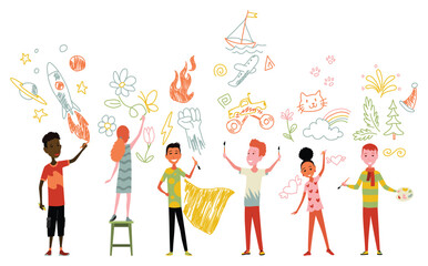Kids of Different Nationalities Painting and Drawing with Brushes and Pencils on White Wall Vector Illustration