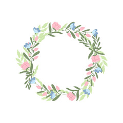 Cute floral wreath with handdrawn flowers. Vector round frame template.