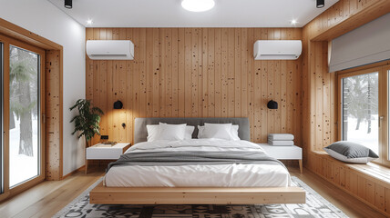 Nature-inspired bedroom featuring wooden accents for a tranquil ambiance - obrazy, fototapety, plakaty