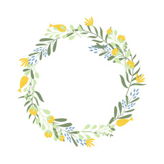 Handdrawn wreath with yellow and blue spring flowers.