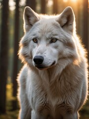 close up portrait of a white wolf in the forest at sunset. wildlife