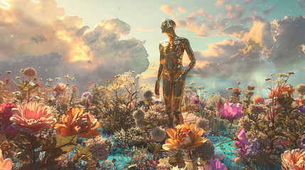 Person with brass skin stands amidst a surreal landscape filled with larger than life flowers creating an atmosphere of sheer wonder