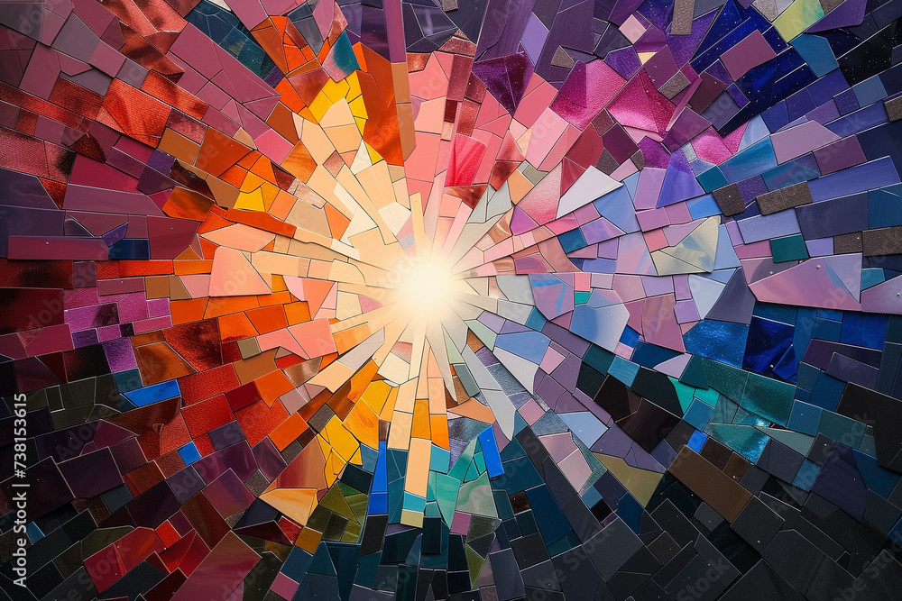 Poster a dynamic explosion of mosaic tiles radiates outward, bursting with color and light.