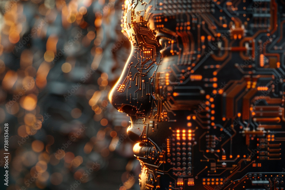 Poster 3d render of a circuit board elegantly merging with the features of a human face incorporating intri