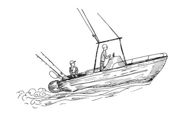 Fototapeta premium Fishing boat carries fisherman with fishing rods. Hand drawn black vector image.