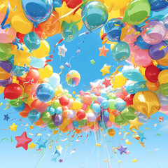 Vibrant Celebration Sky with Colorful Balloons and Sparkling Stars