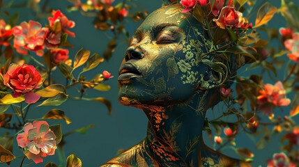 3D render of a person with brass toned skin integrating seamlessly with vibrant floral patterns portraying the beauty of the natural world