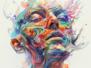 illustration showcasing a grotesque and distorted face embellished with a vivid rainbow of unnatural colors