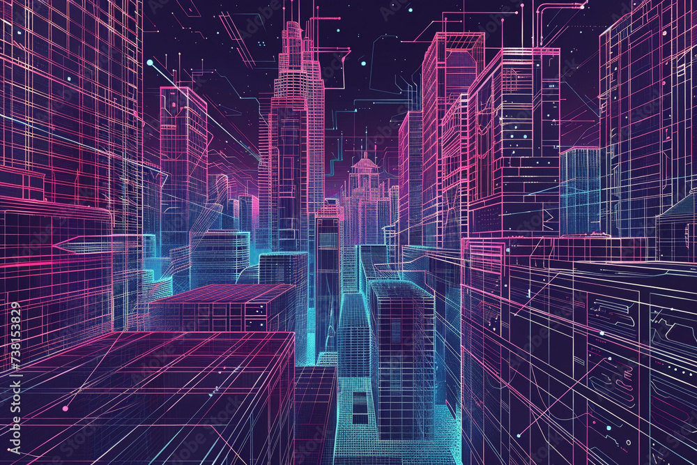Poster retro futuristic illustration that combines vintage aesthetics with complex wireframe structures hin