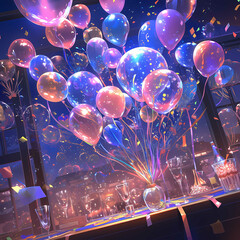 Magical Celebration with Floating Balloons and Confetti at Night