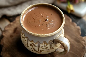 Detailed image capturing the richness of French hot chocolate, served creamy in an elegant mug with a stock photo aesthetic.