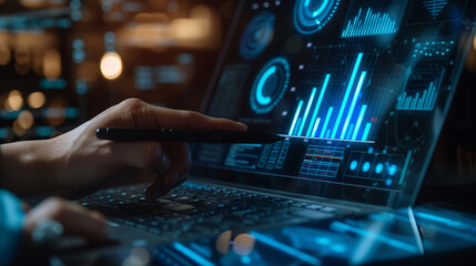 person's hand is holding a stylus over a laptop screen displaying various colorful data analytics and graphs.