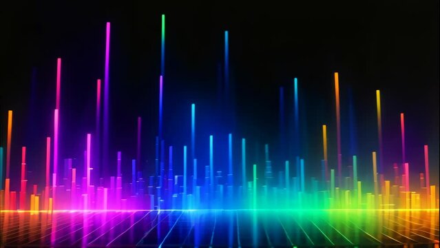 Animation of colored audio equalizer on black background.