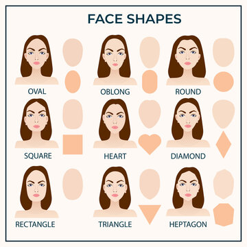 Facial shapes. Vector Illustration. Auxiliary material for makeup artists, masseurs. The most common head shapes