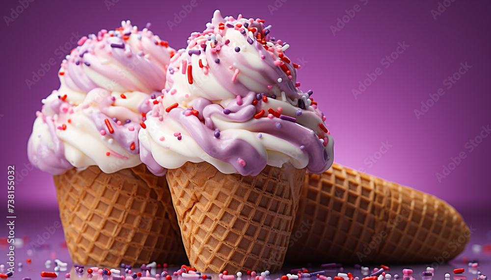 Poster homemade ice cream cone with colorful toppings, a sweet delight generated by ai