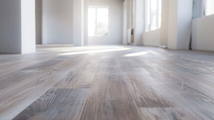 Empty room with whitewashed floating laminate flooring and newly painted white wall in background - obrazy, fototapety, plakaty