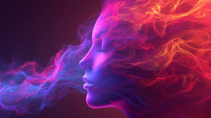 Abstract human head with various colors depicting abstract forms, in the style of light magenta