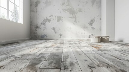 Empty room with whitewashed floating laminate flooring and newly painted white wall in background - obrazy, fototapety, plakaty