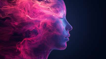 Abstract human head with various colors depicting abstract forms, in the style of light magenta
