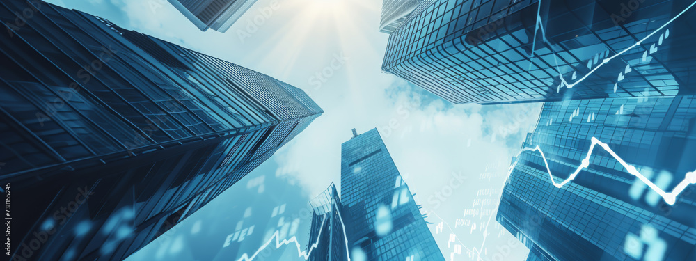 Aufkleber skyscrapers with superimposed graphs and numerical data, illustrating a concept of the business dist