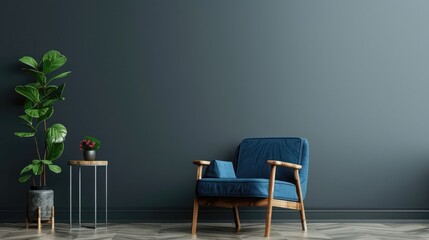 Interior with grey wall blue armchair and wood side table