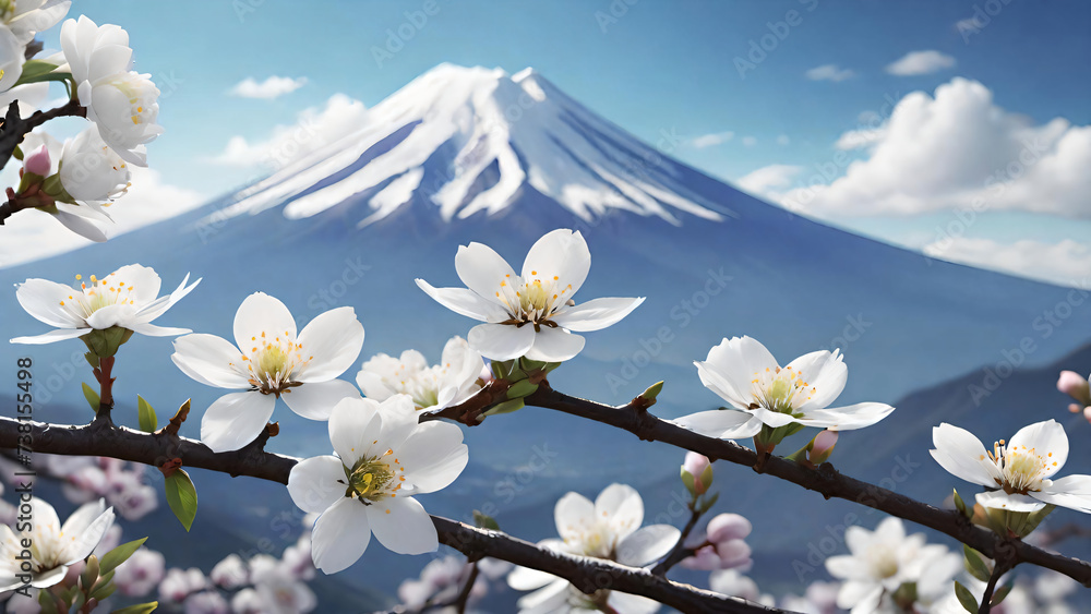 Sticker Blossoming branches with Mount Fuji Background