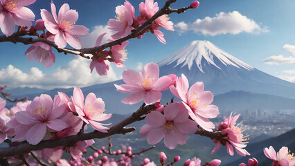 Blossoming branches with Mount Fuji Background