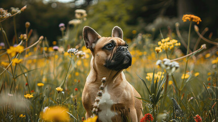 French Bulldog dog sitting in meadow field surrounded by vibrant wildflowers