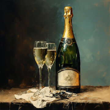 painting of champagne bottle with champagne glass created with Generative Ai