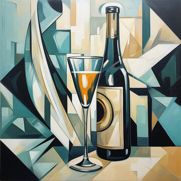 painting of champagne bottle with champagne glass created with Generative Ai