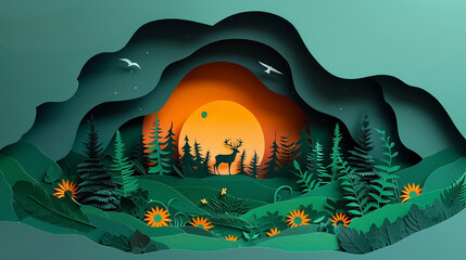 Paper cut art  Green forest and deers wildlife with nature background  ecology and environment conservation concept