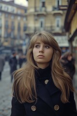 Fototapeta premium 1970s French Woman Strolling: Fashionable Jacket and Long Hair