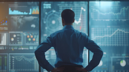 The photo captures a person from behind looking at a complex array of digital screens with various data and graphs in a high-tech control room environment.