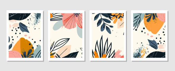 Obraz premium set of abstract vector backgrounds featuring tropical leaves. Hand-drawn textures suitable for wall decoration, postcard designs, or brochure covers.