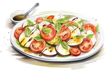 Delicious Caprese Salad with Fresh Basil, Mozzarella Cheese, and Tomato on a White Plate - Healthy Italian Appetizer with Vegetables, Green Leaf, and Red Organic Cuisine.