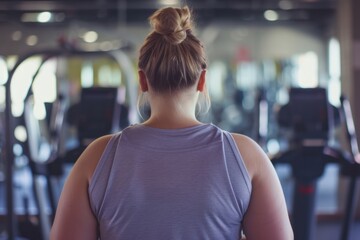 An overweight young woman stands with her back in the gym preparing to play sports, the concept of an active life in old age, taking care of the body