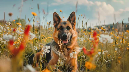 Papier Peint photo Prairie, marais German Shepherd Dog dog sitting in meadow field surrounded by vibrant wildflowers