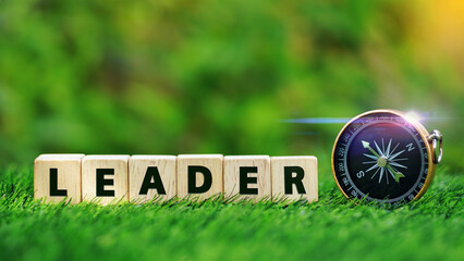 Word LEADER on wooden cubes with gold compass on green grass over blur nature background with...