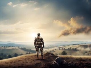 A soldier stands guard atop a hill overlooking a demolished battlefield, with a broad banner featuring world war concepts and a copyspace region design. - obrazy, fototapety, plakaty