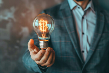 businessman with light bulb, brainstorming and sharing ideas in organizations and meetings - obrazy, fototapety, plakaty