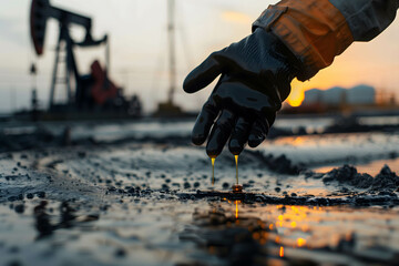 discovery or finding oil, one of the most important and rarest commodities in the world, hand holding or touch oil